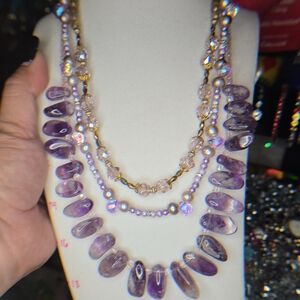 ARTISAN TRIPLE THREAT AMETHYST, PEARL & VINTAGE CRYSTAL STATEMENT NECKLACE